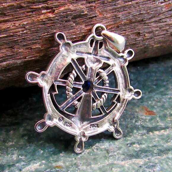 Solid 925 Sterling Silver Ship's Wheel Helm Pendant w/ Sapphire Nautical Jewelry - Picture 3 of 9